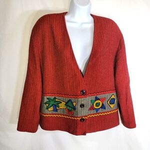 Vintage IB DIFFUSION Red Emboirded Tropical V-Neck Blazer Jacket Womens 8